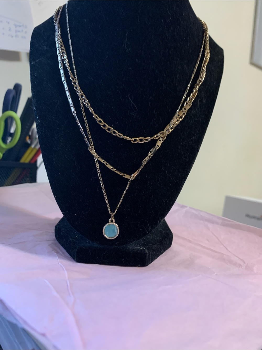 Layered Gold Necklace with Blue Pendant - Picture 2 of 9